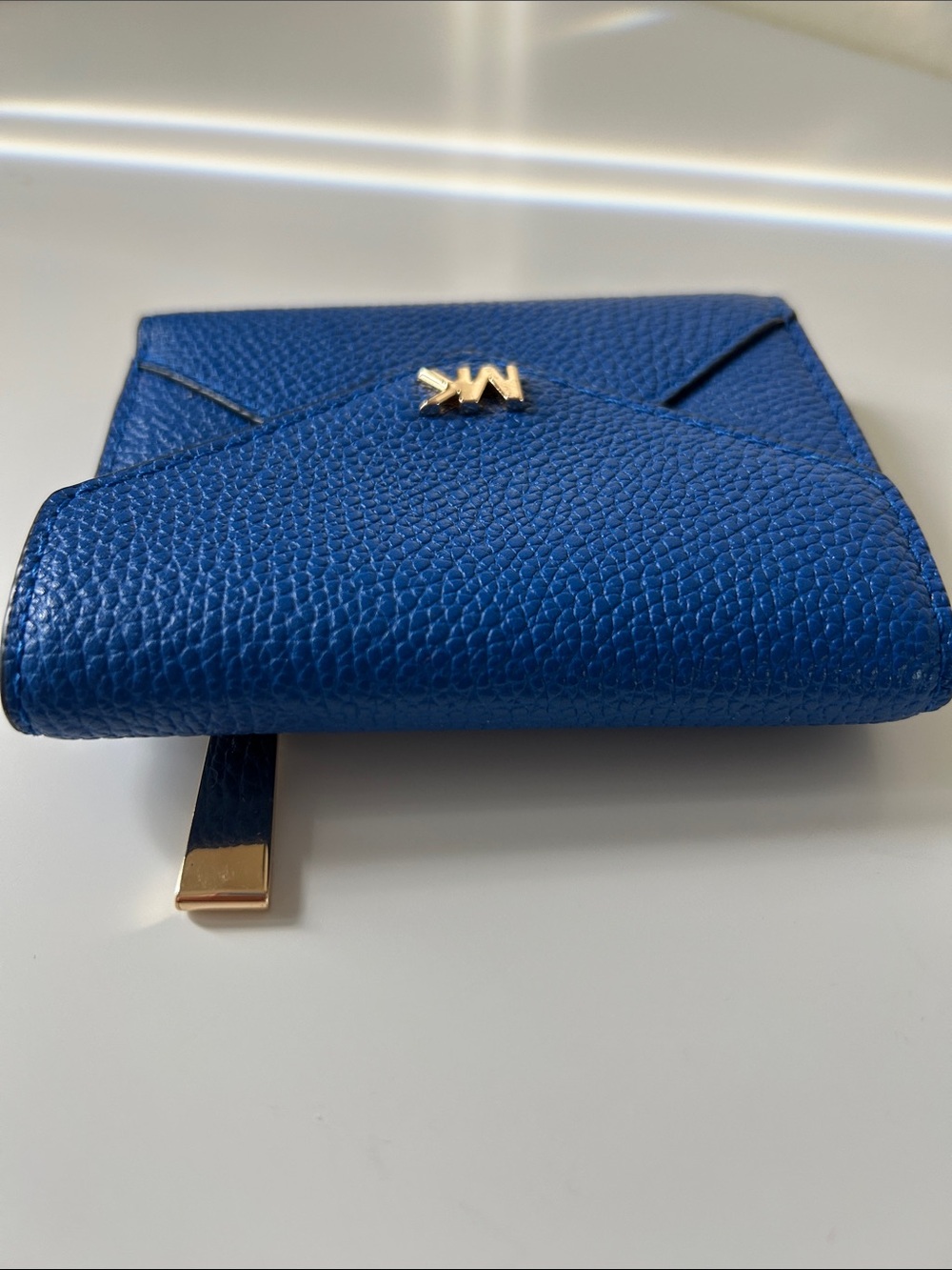 Michael Kors Cobalt Pebbled Leather Envelope Wallet with Gold MK - Picture 5 of 6
